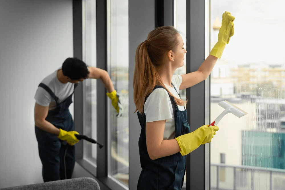 Window glass being cleaned with a squeegee